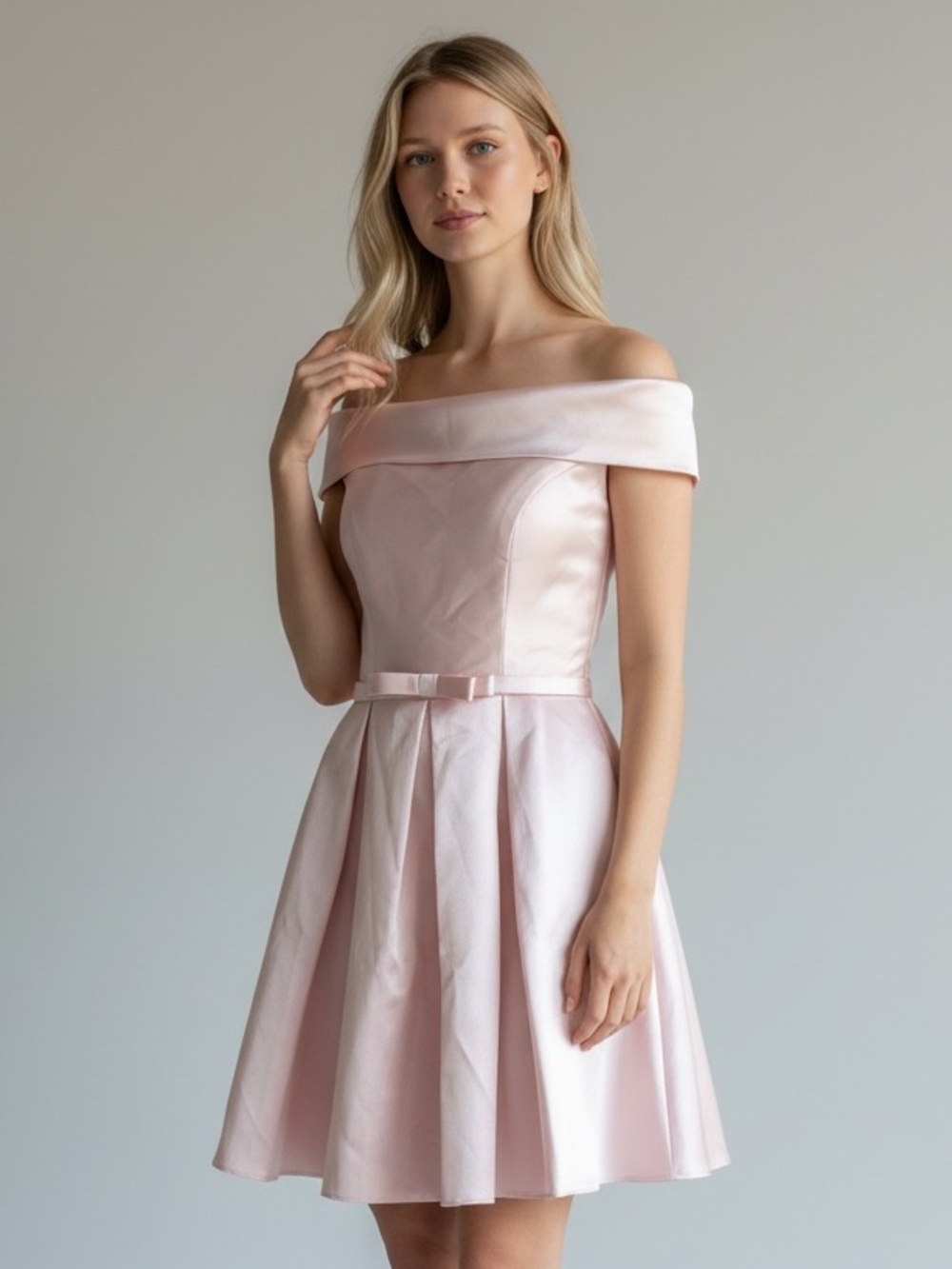 Handmade Off-Shoulder Taffeta Fit & Flare Dress in Light Pink